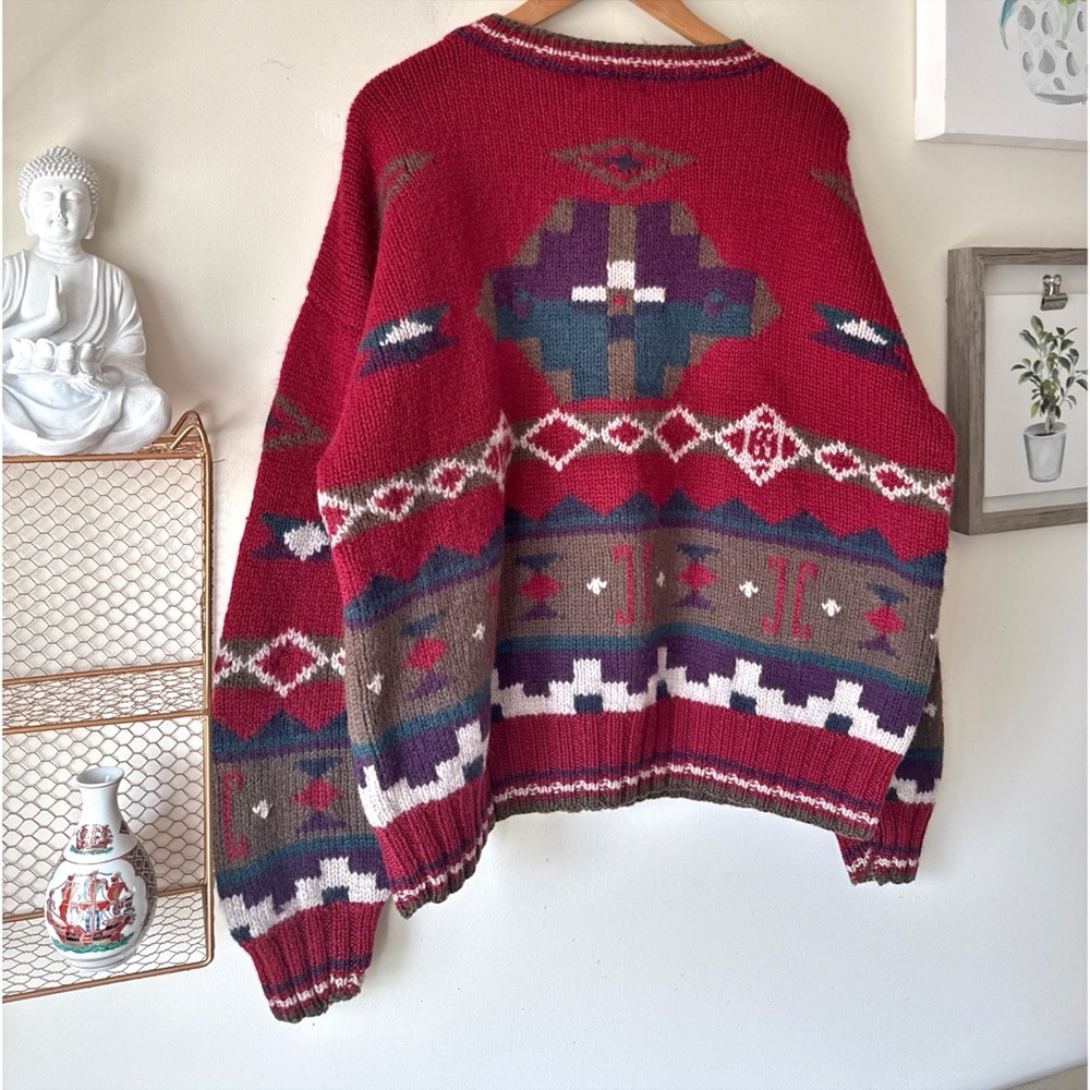 90s LL BEAN Geometric Pure New Wool Sweater Made in Hong Kong Large Grandpa Core - Picture 6 of 12